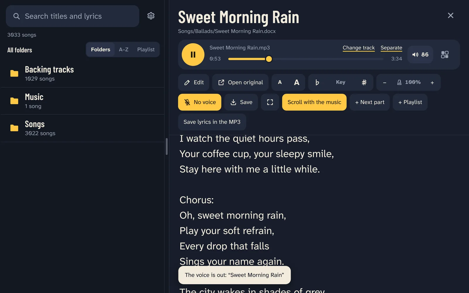 No voice is on: the song plays without its singer, and Save keeps a copy.