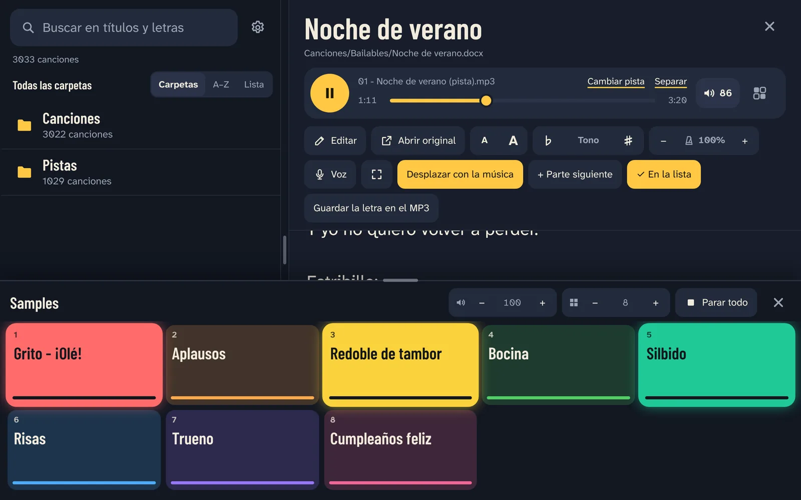Los samples bajo la letra, tres pads sonando.