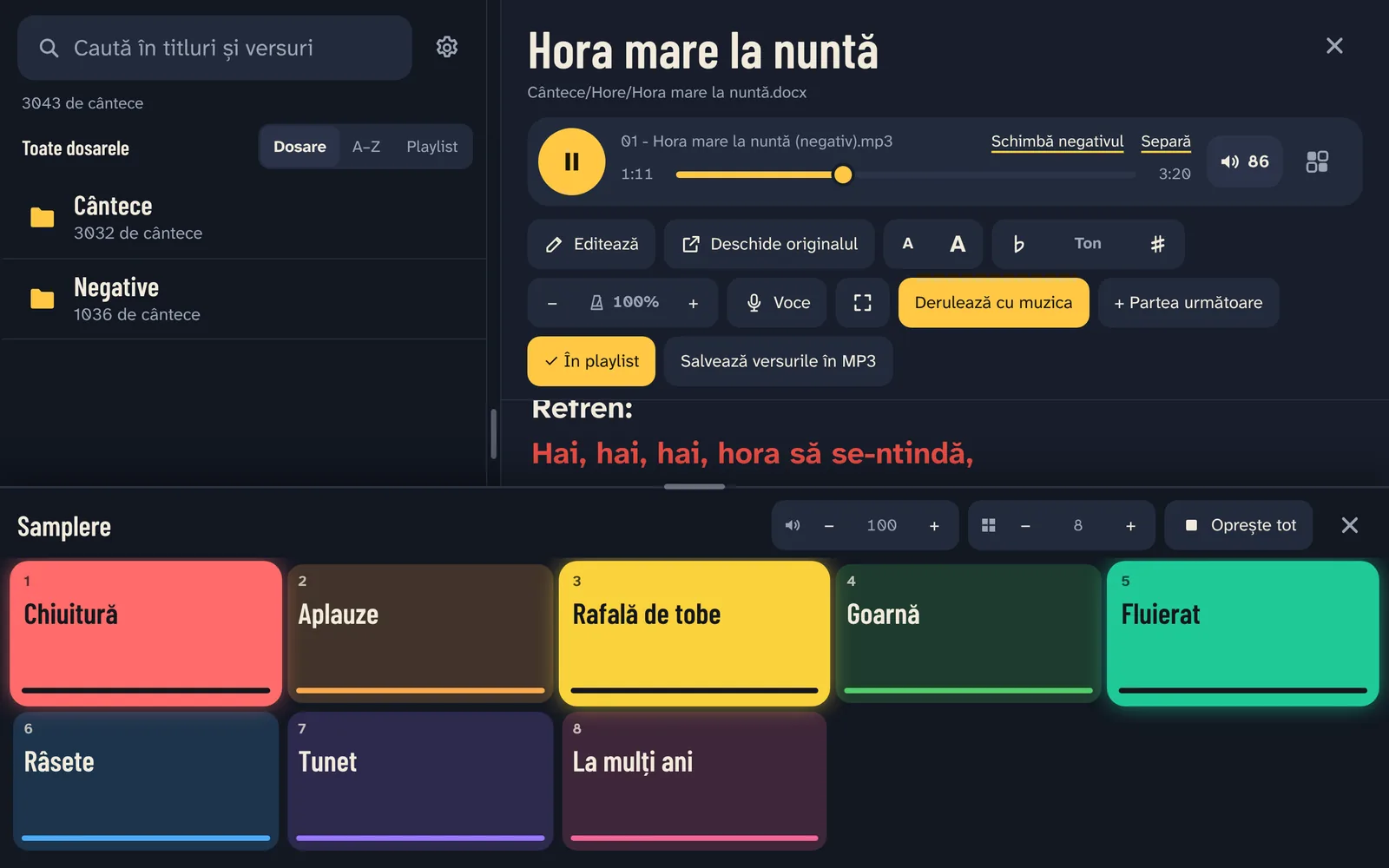 Samplerele sub versuri, trei butoane cântă.